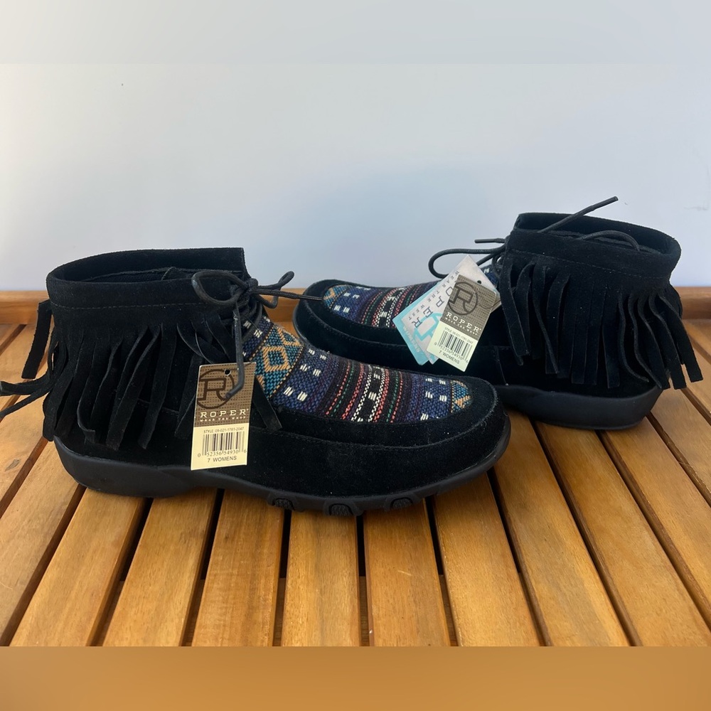 Roper Moc Leather Shoes Black Santa Fe‎ Loafer Fringe Aztec Hi Western Size 7
